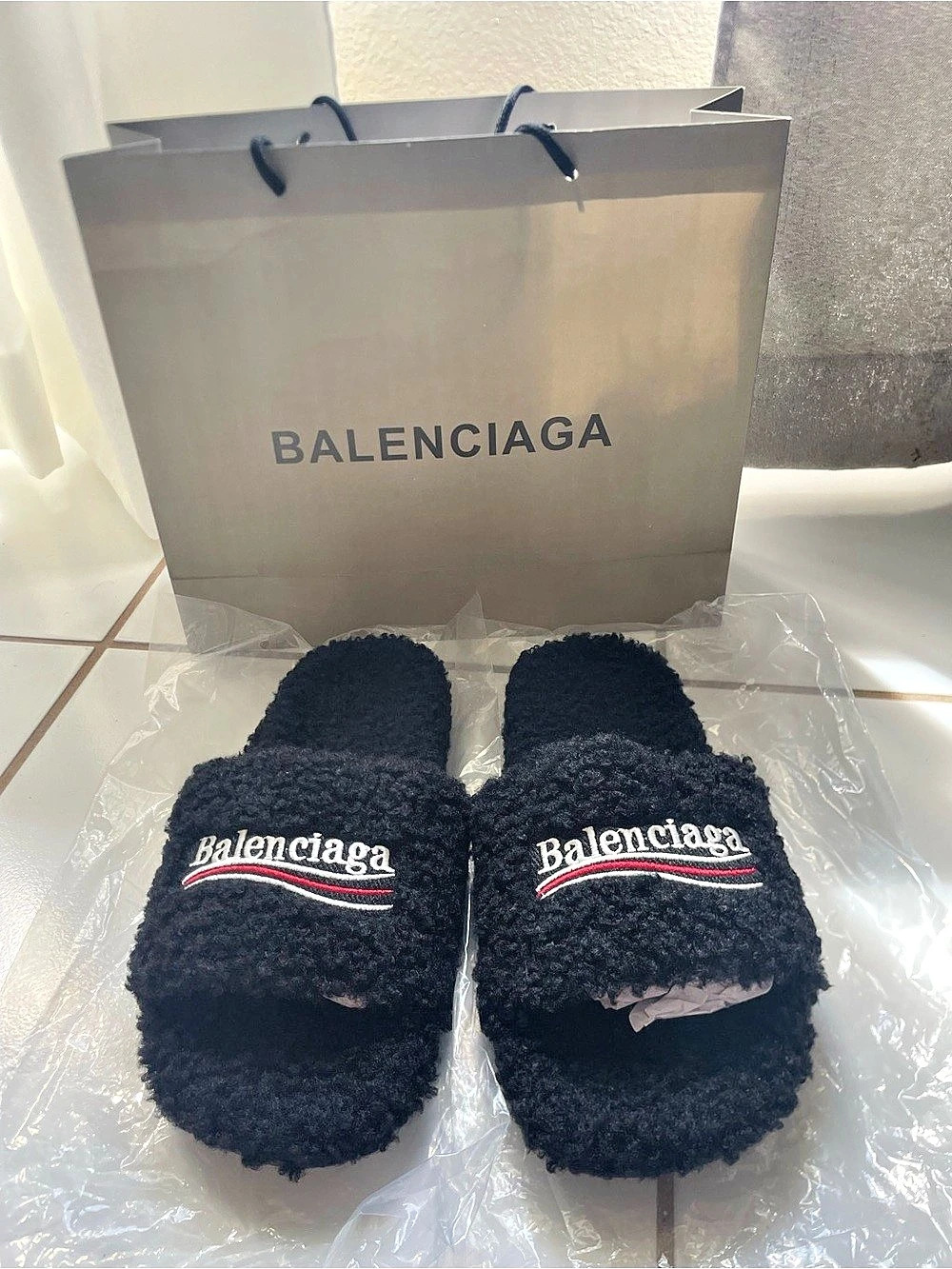 Balenciaga Furry Open Mule Political Campaign Black Slippers